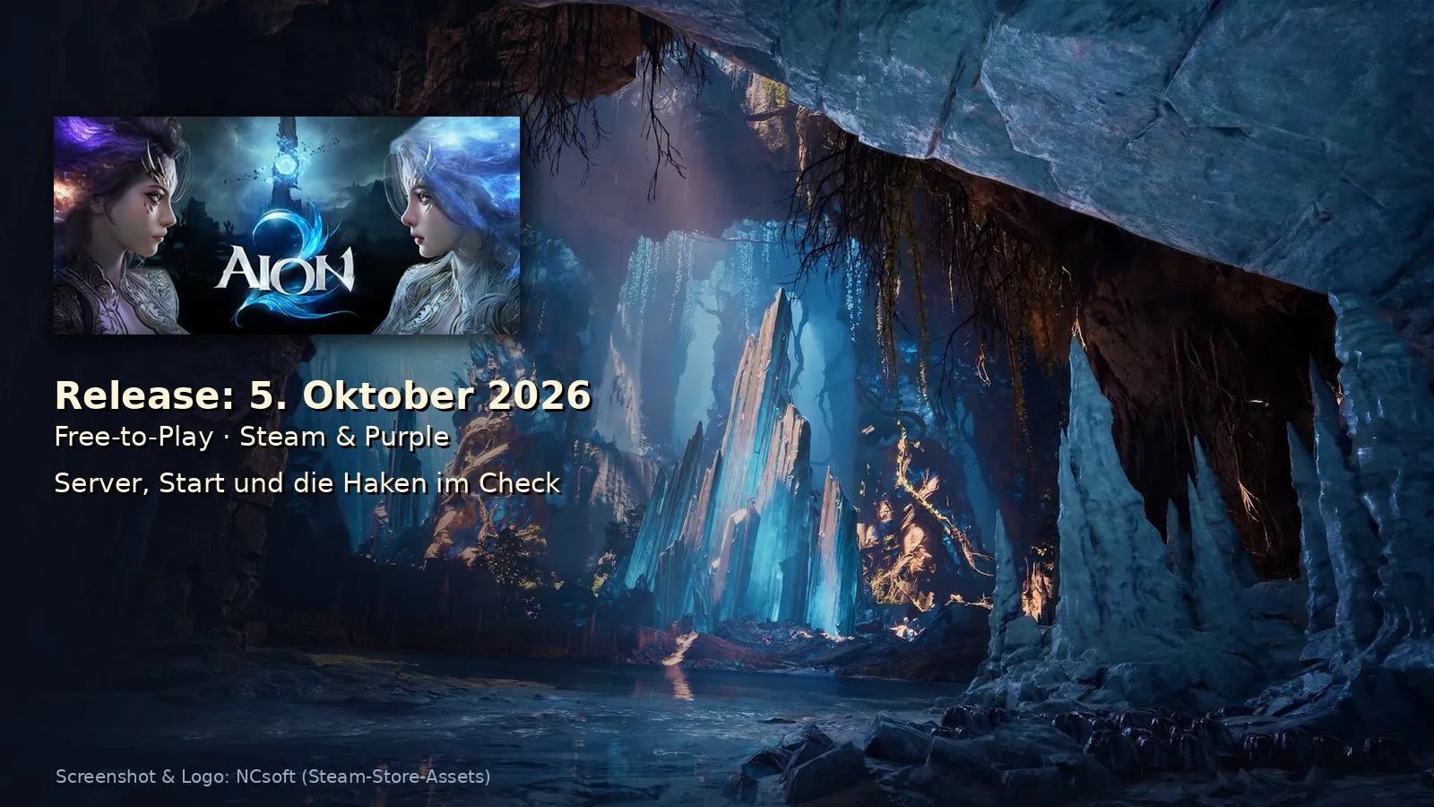 Aion 2 Cover: Key-Art-Kapsel mit Logo über dunkler Kristallhöhle aus dem Spiel – Release am 5. Oktober 2026