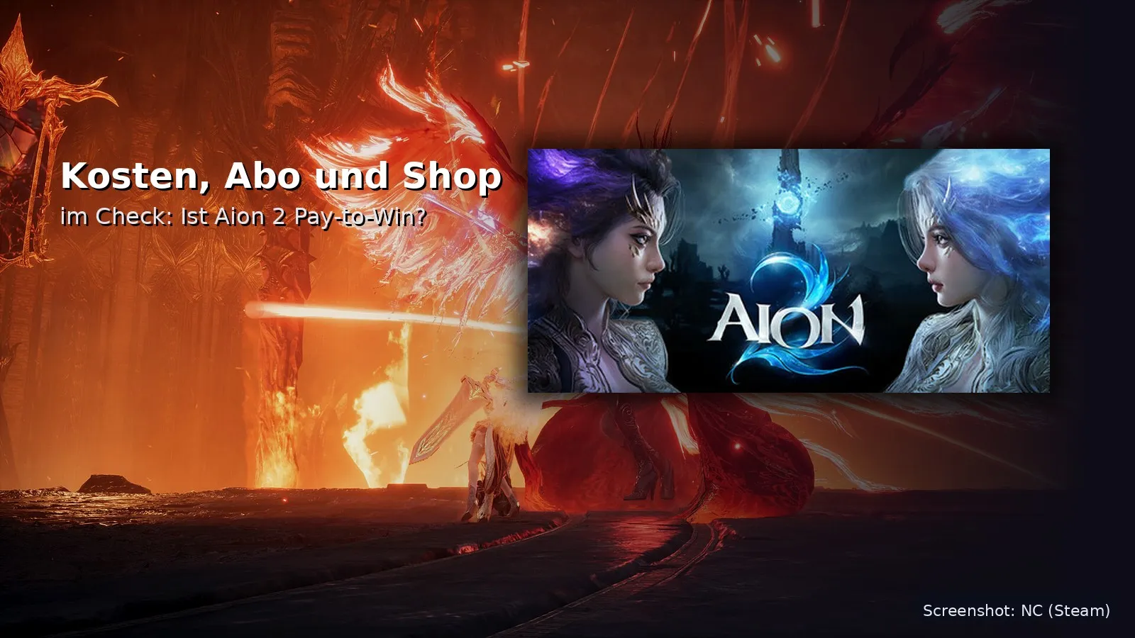 Aion-2-Screenshot mit Daeva und großem Schwert vor brennender Boss-Arena – Kosten, Abo und Shop im Check