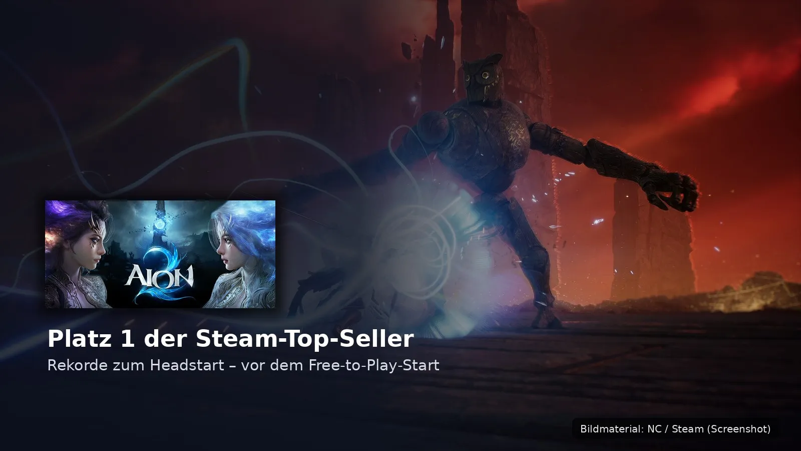 Aion 2: Koloss mit magischem Leuchten über Ruinen, daneben die Spiel-Capsule – Cover zu den Steam-Headstart-Rekorden (Screenshot: NC/Steam)