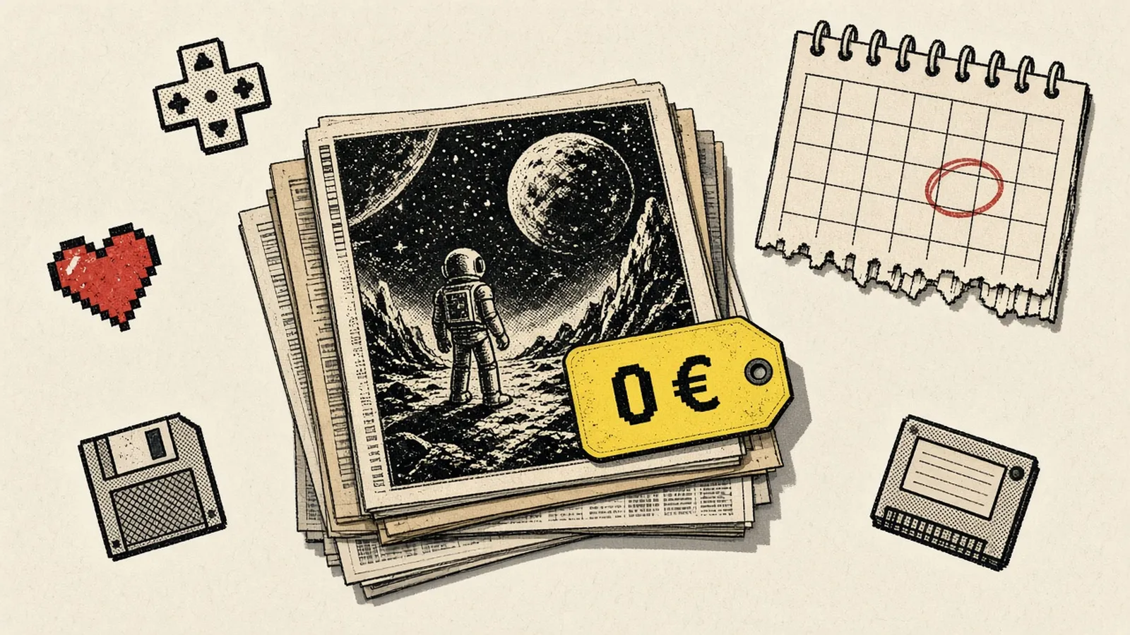 Wöchentlicher Spiele-Rückblick: Magazin-Stapel mit 0-Euro-Preisschild, Kalenderblatt und Retro-Gaming-Icons