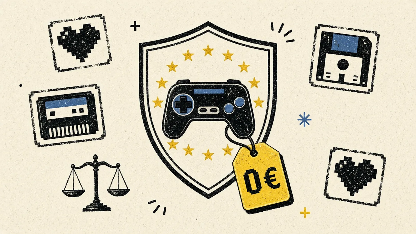 EU Kids Act und Online-Spiele: Wappenschild mit Sternenkranz, Retro-Controller und 0-Euro-Preisschild