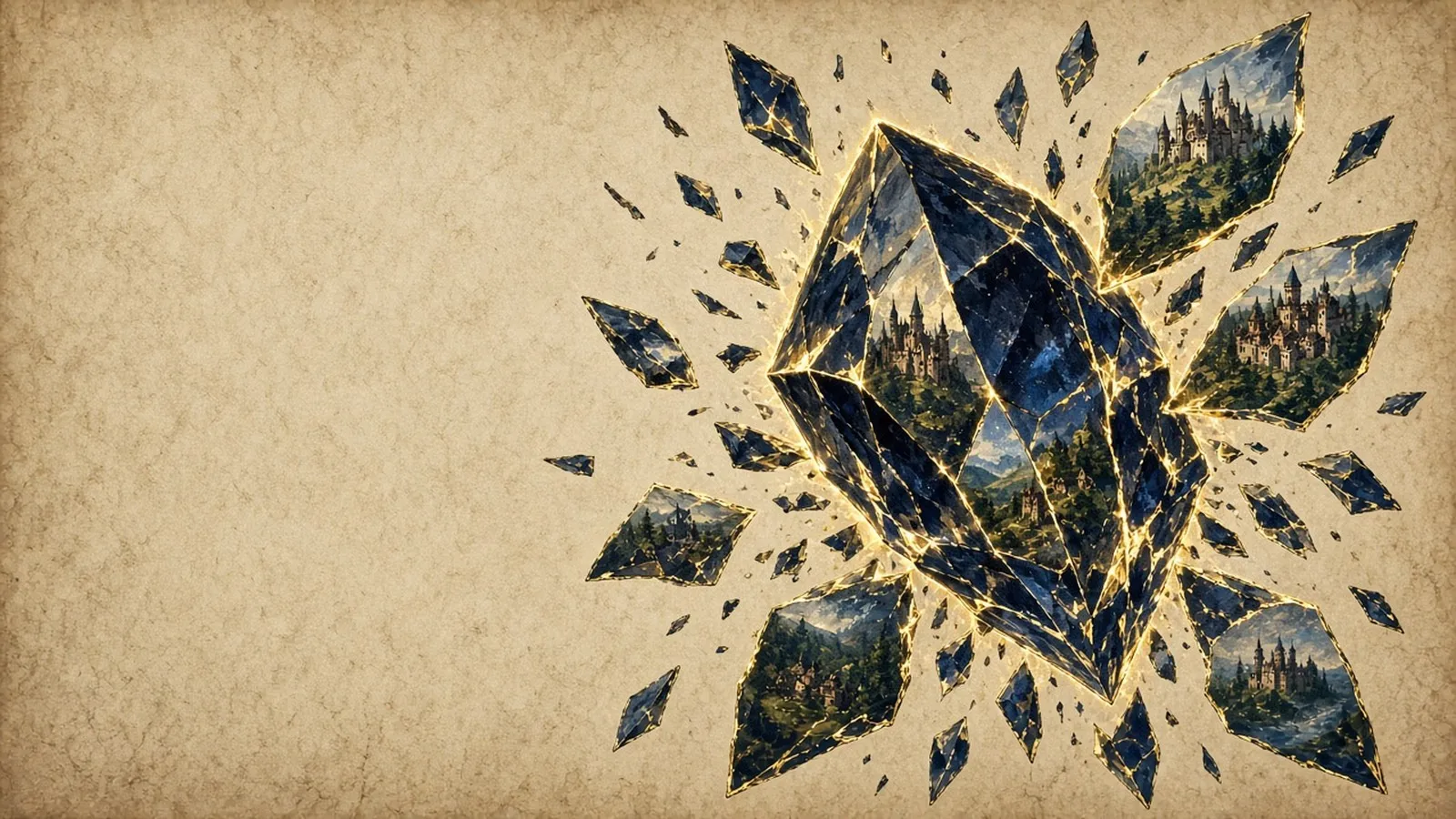 Zersplitterter Kristall mit Fantasy-Welten in den Scherben – Illustration zum Ultima-Online-Rückblick (KI-generiert)