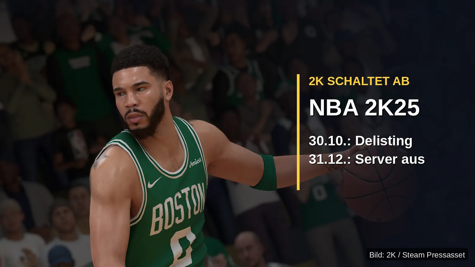 NBA 2K25: Basketballer im Celtics-Trikot dribbelt in dunkler Arena (Screenshot: 2K)