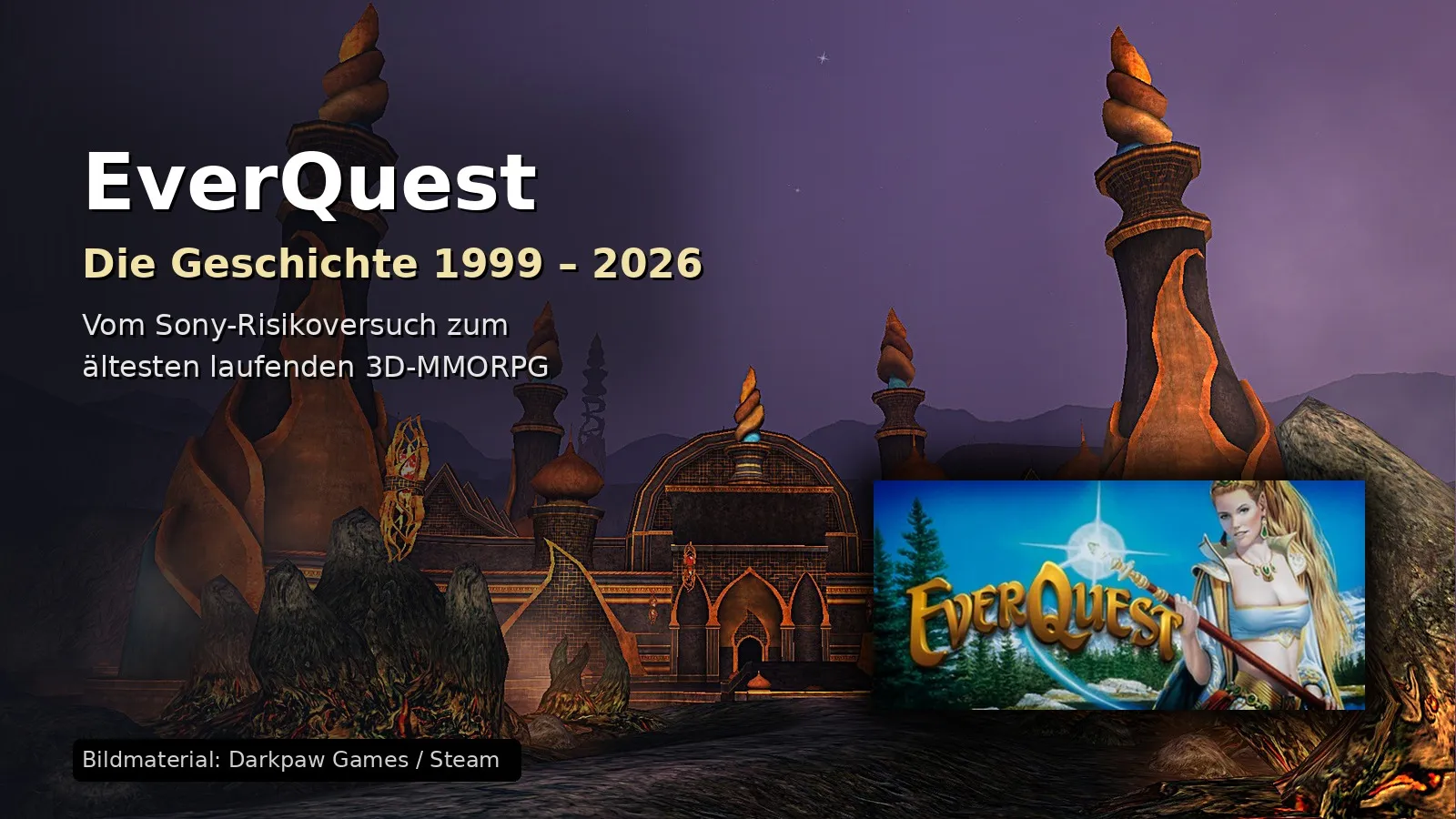 EverQuest-Titelbild: nächtliche Architektur aus Norrath mit dem klassischen EverQuest-Boxart von Firiona Vie, Text „Die Geschichte 1999 – 2026“
