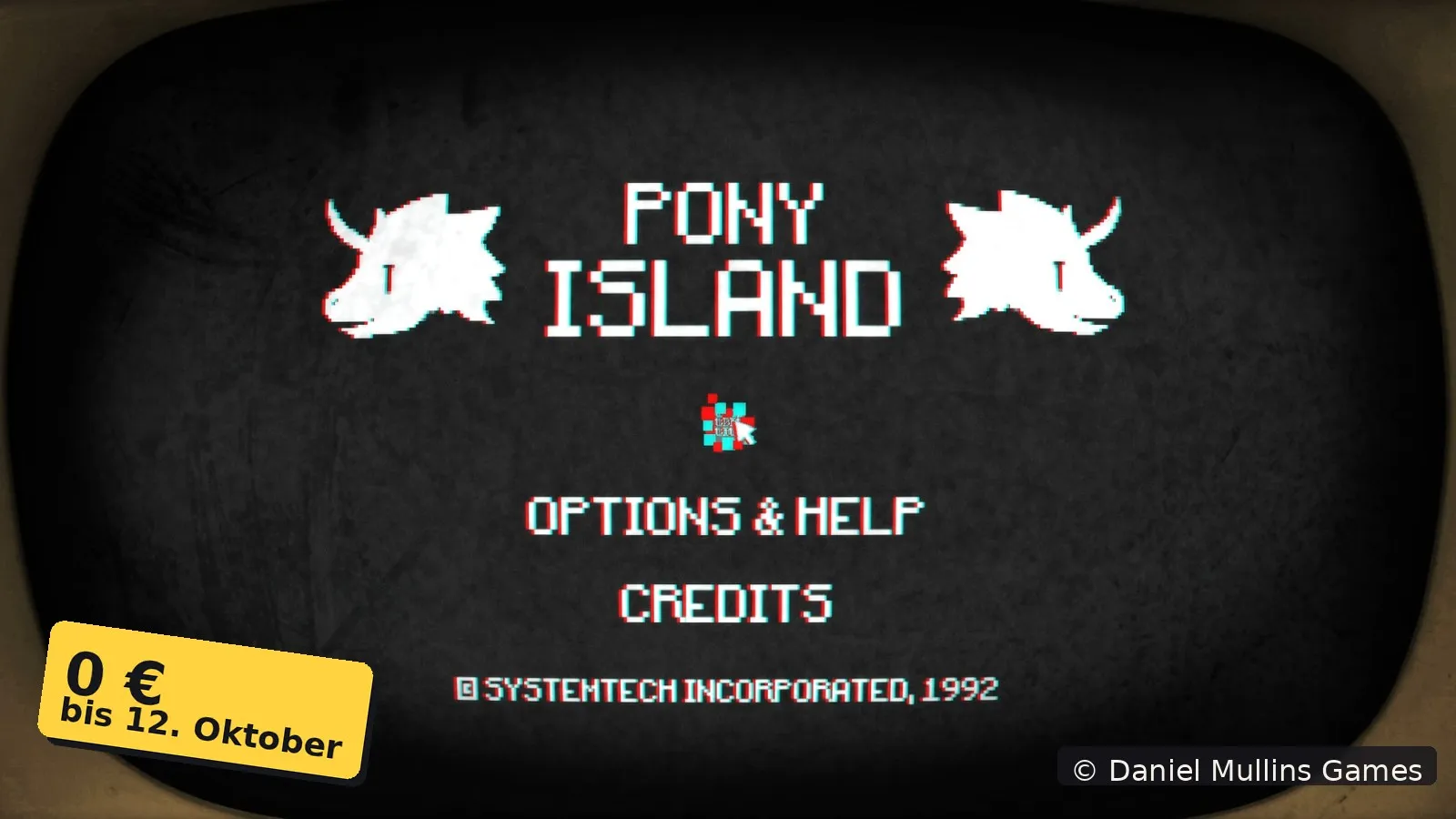Titelbild von Pony Island: Arcade-Monitor mit dem Schriftzug Pony Island und zwei Pferdeköpfen, gelber Sticker 0 Euro bis 12. Oktober