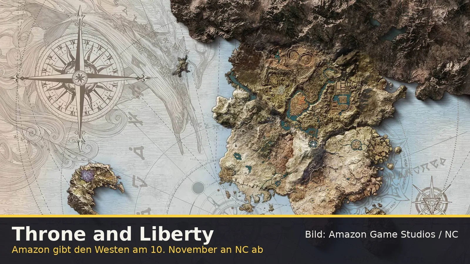 Karte aus Throne and Liberty mit Insel und Kompass, unten der Hinweis dass Amazon den Westen am 10. November an NC abgibt