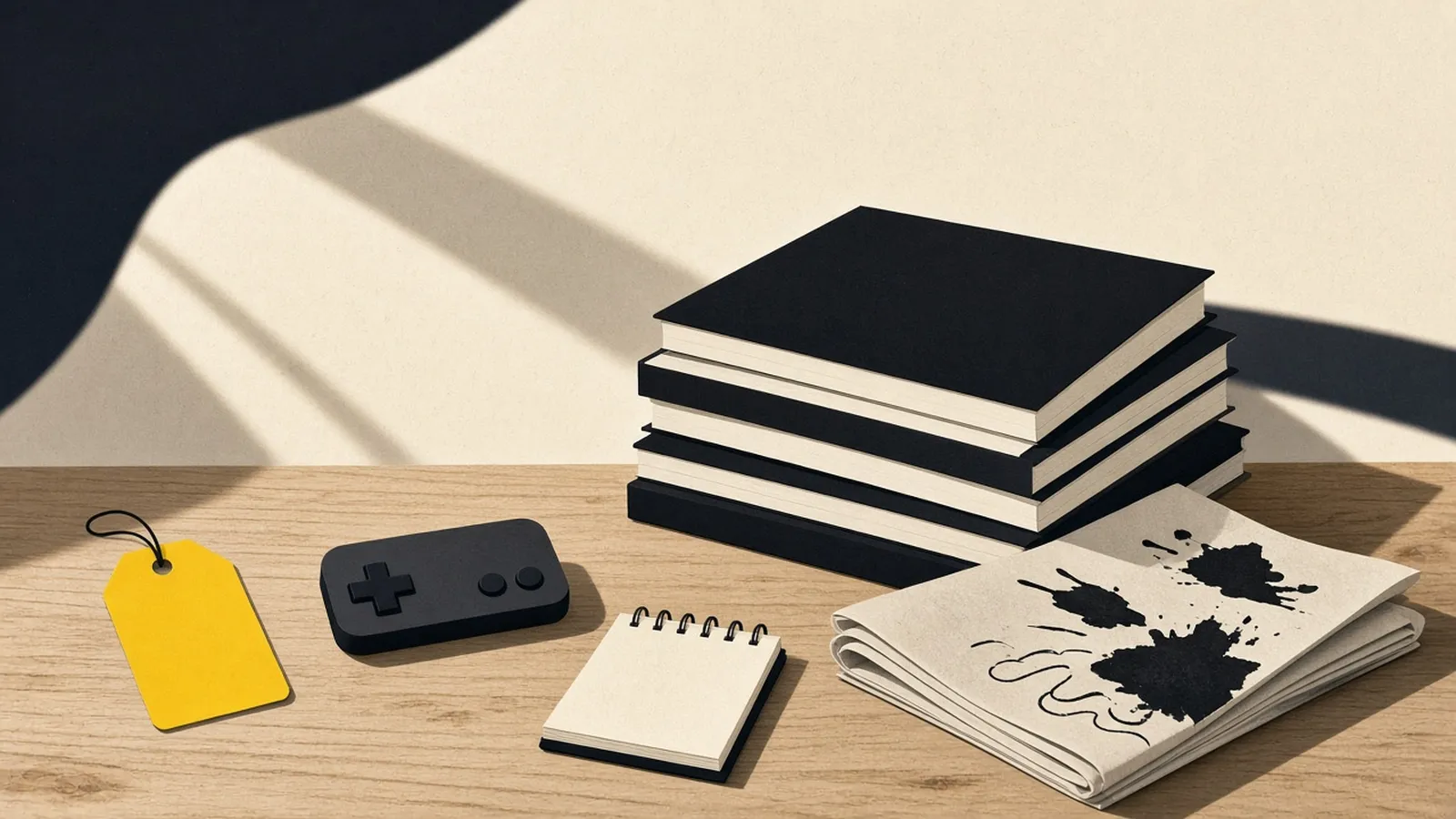 Zeitungsstapel, leeres gelbes Preisschild und Retro-Controller auf warmem Papier, KI-generiert