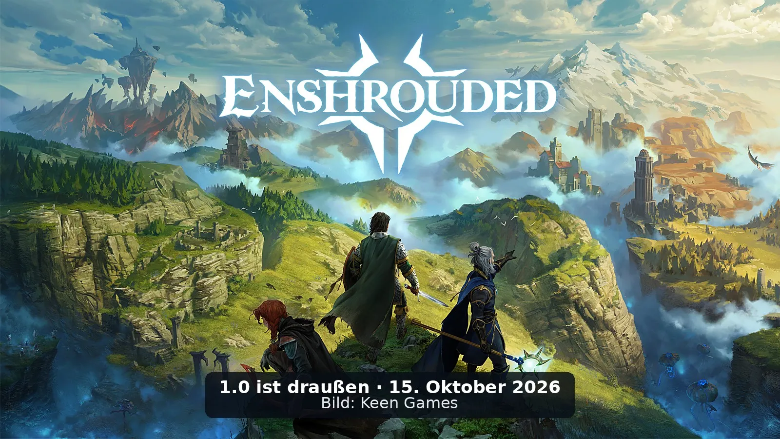Drei Figuren auf einer Klippe in Enshrouded, Logo oben, Hinweis auf den 1.0-Start am 15. Oktober 2026