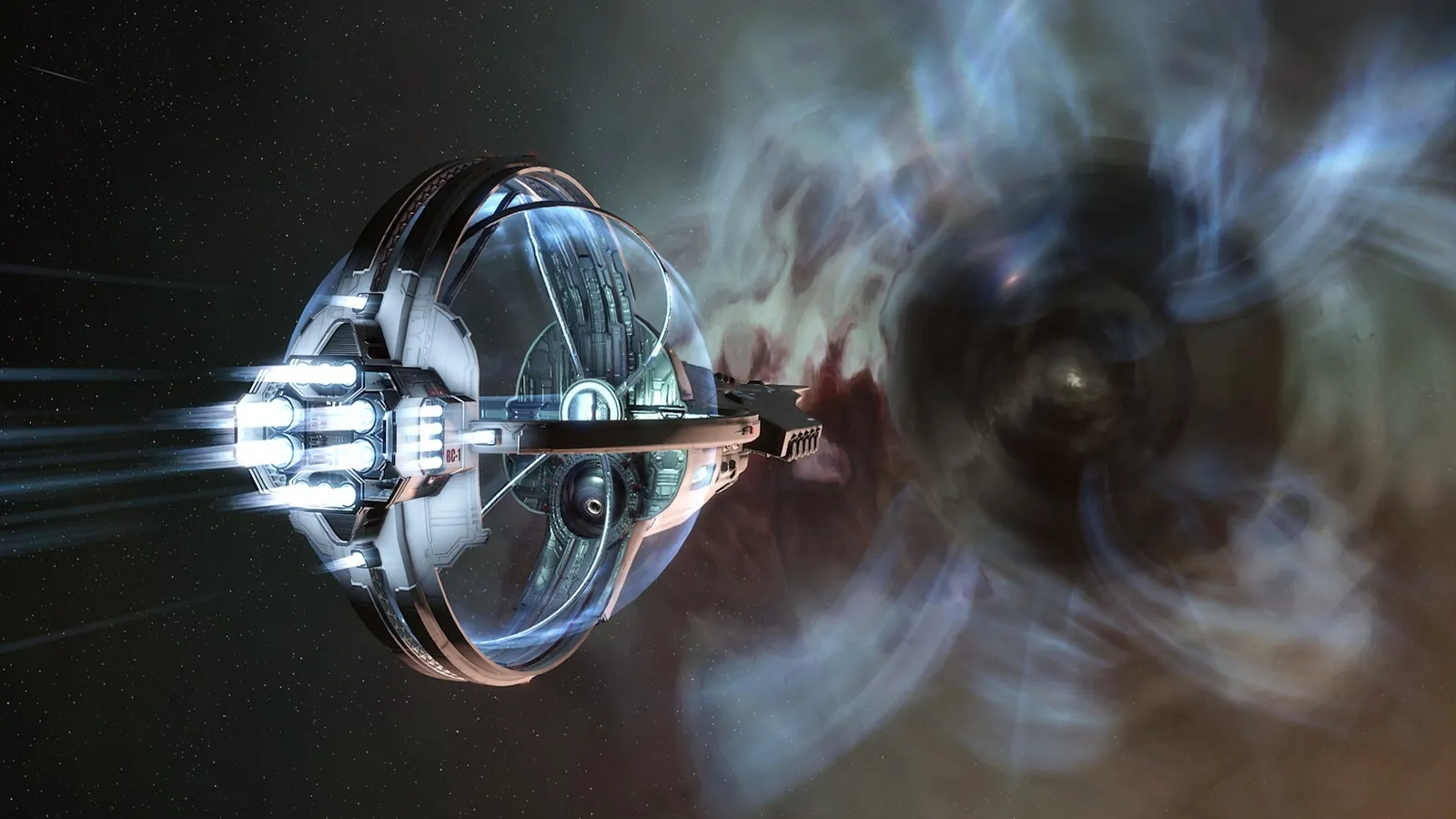 Raumschiff vor einem leuchtenden Wurmloch im All, Steam-Screenshot von EVE Online
