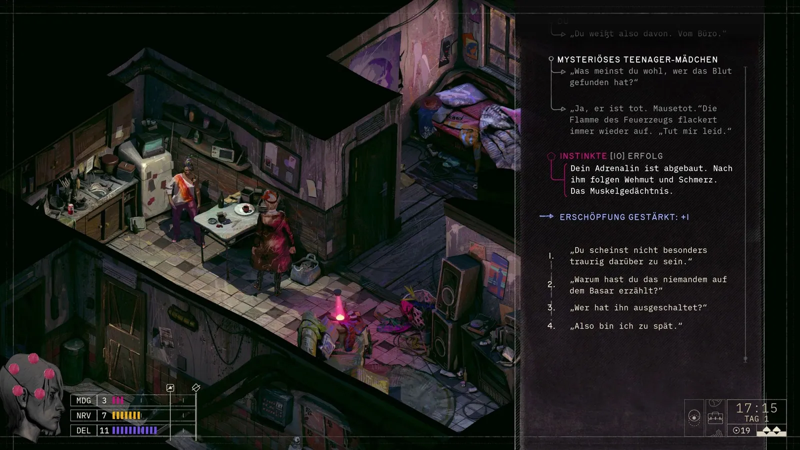 Isometrische Wohnung mit deutschem Dialogfenster in Zero Parades, Steam-Screenshot