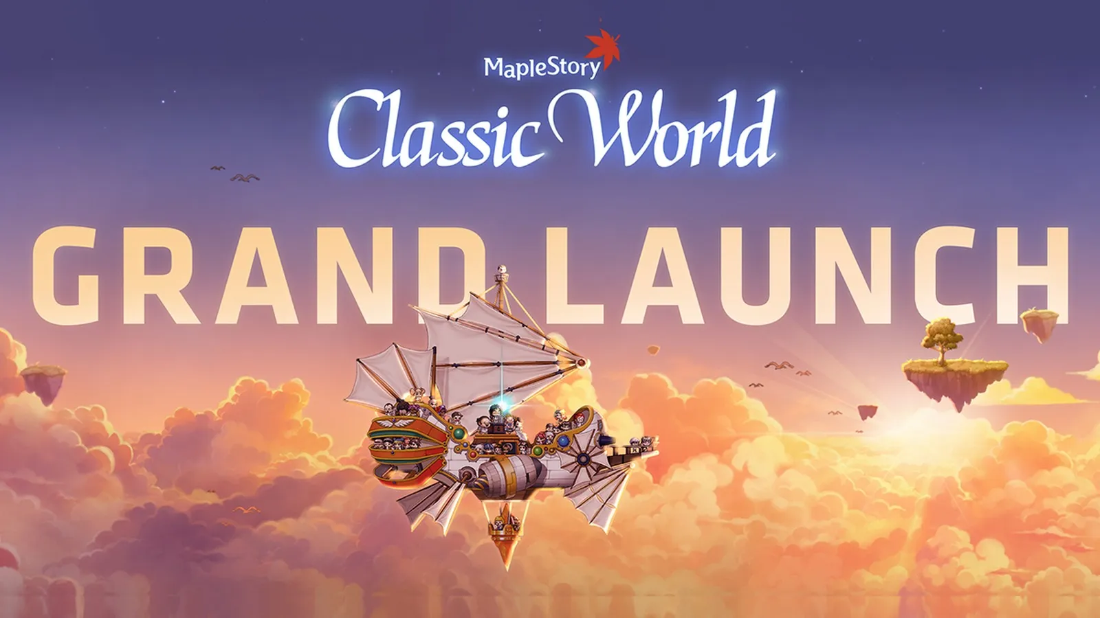 Offizielles Keyart zum Grand Launch von MapleStory Classic World, Luftschiff über Wolken, Schriftzug Classic World