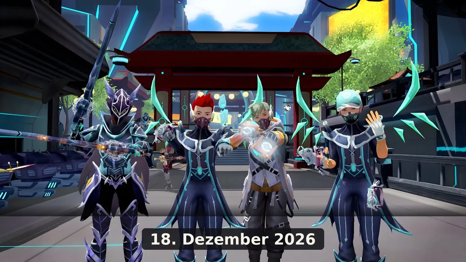 Vier Figuren aus Zenith vor einem Tor, Datum 18. Dezember 2026. Offizieller Steam-Screenshot.
