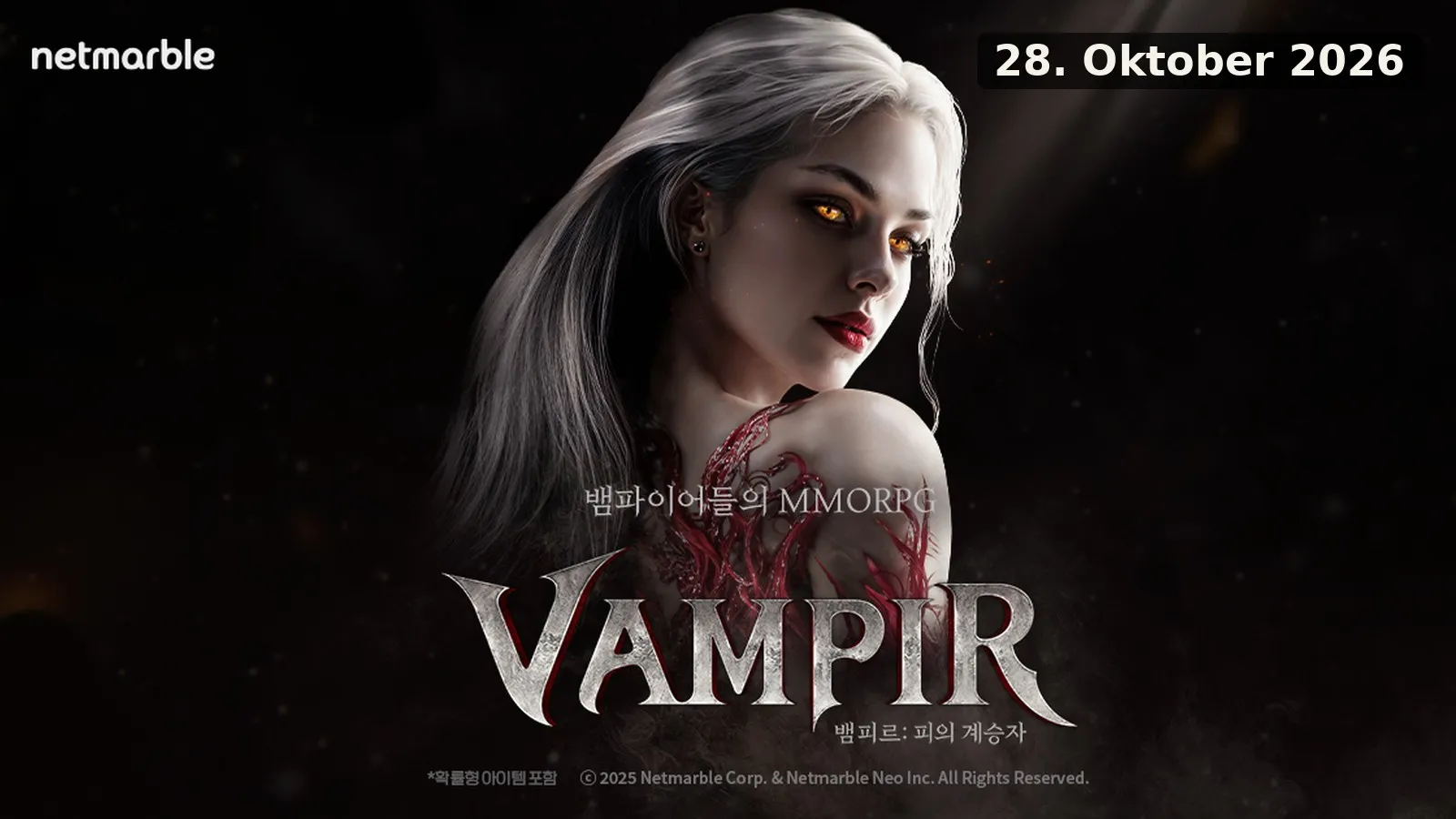 Keyart von Vampir mit Schriftzug VAMPIR und Datum 28. Oktober 2026. Offizielles Netmarble-Bild.