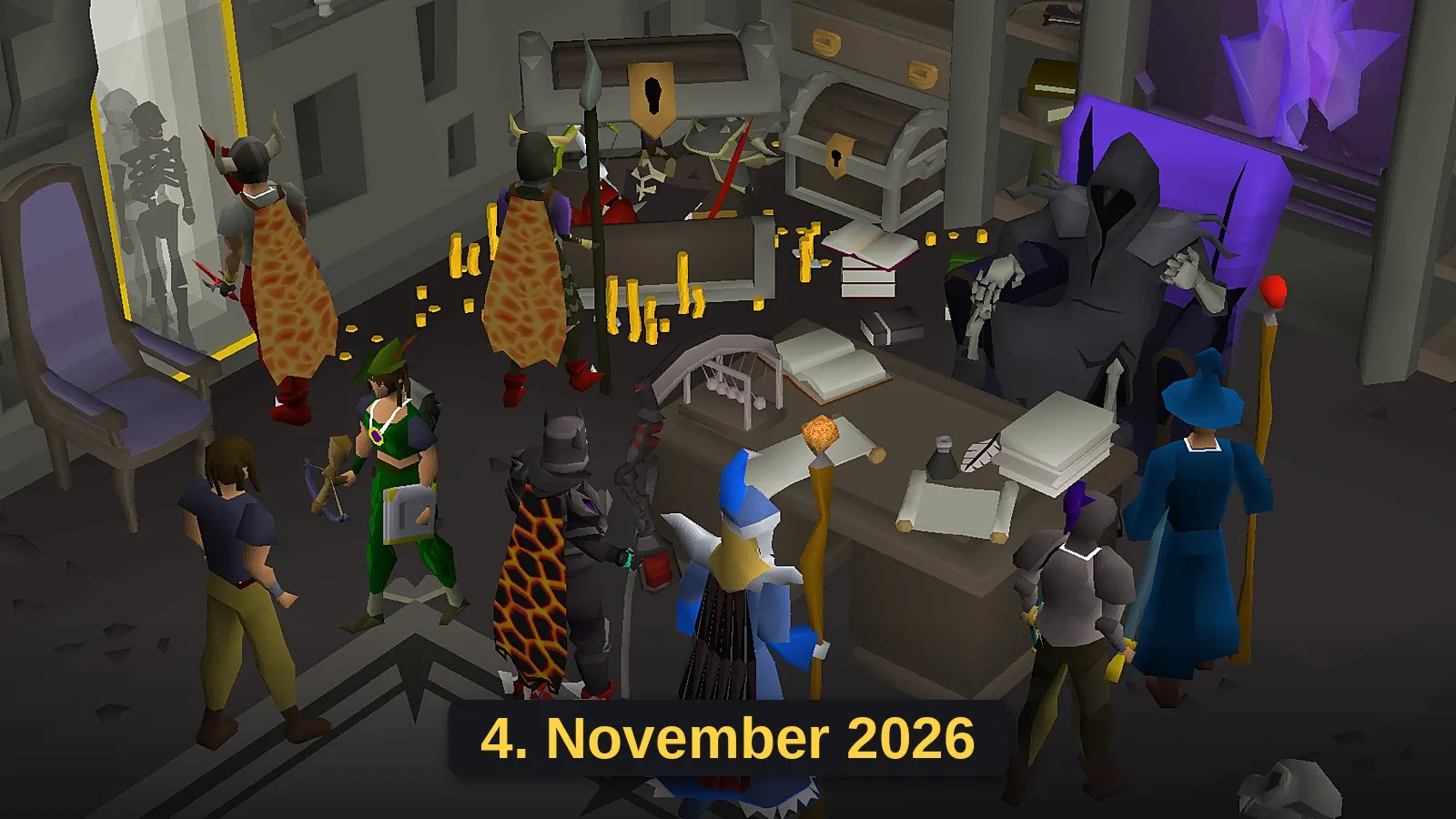 Offizielle Szene aus Death's Office in Old School RuneScape, Spieler vor Death, darunter das Datum 4. November 2026