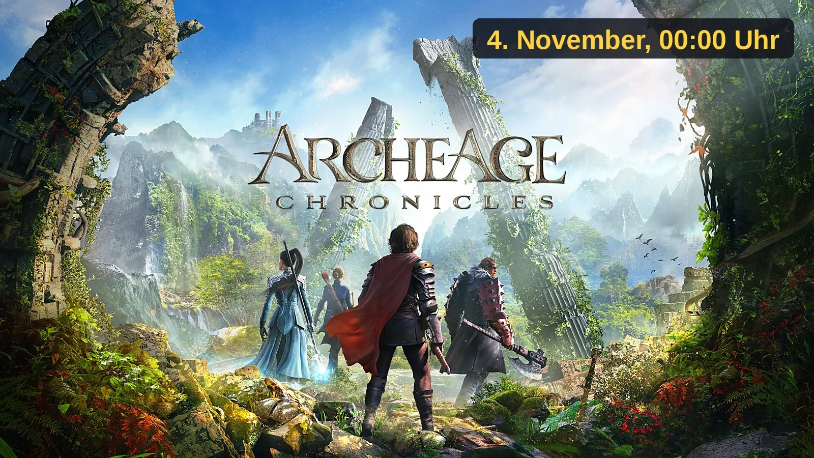 Vier Figuren von ArcheAge Chronicles vor einer Schlucht, Logo in der Mitte, Hinweis 4. November 00:00 Uhr