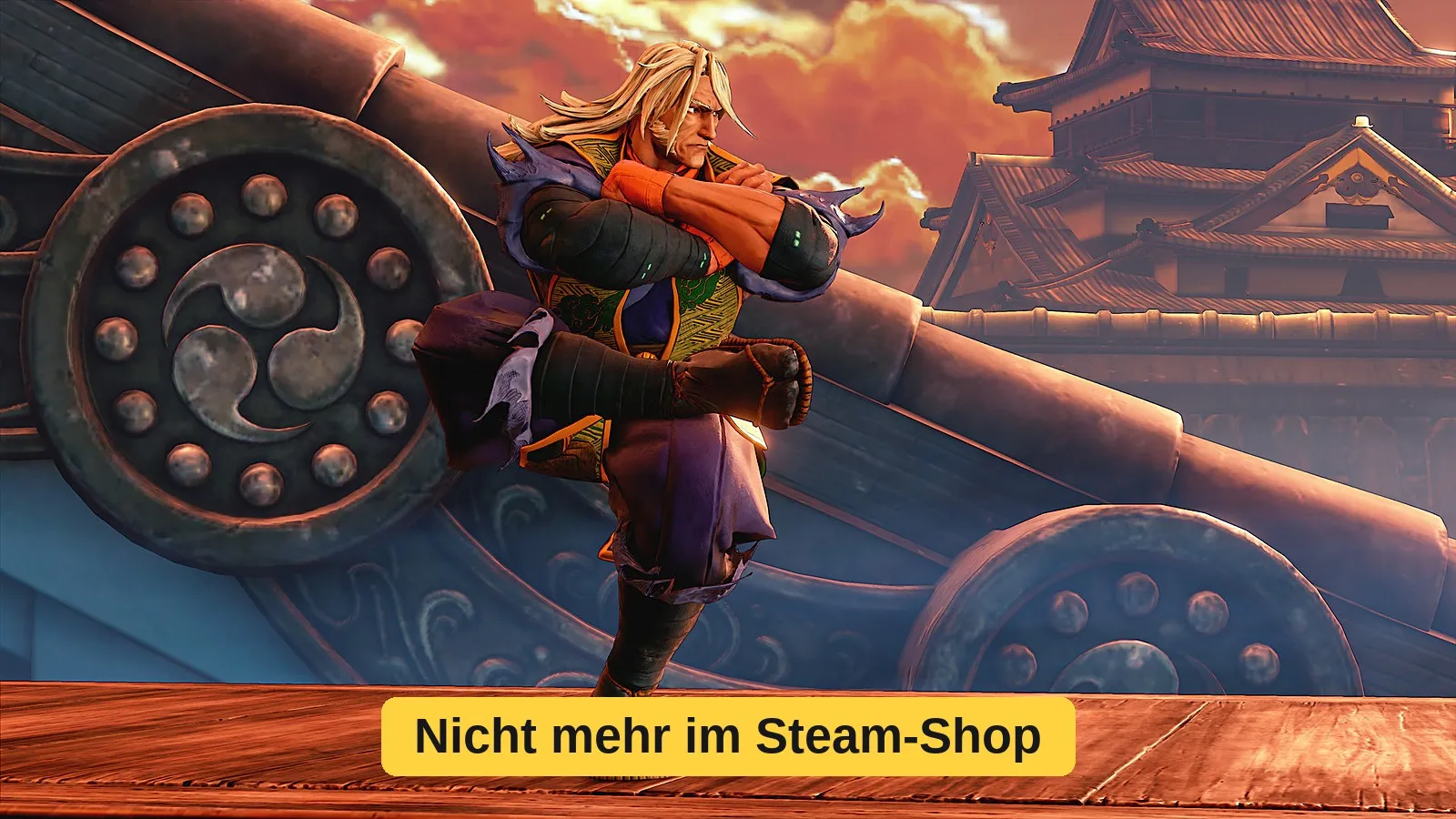 Street-Fighter-5-Figur auf einem Holzsteg, gelber Hinweis: nicht mehr im Steam-Shop